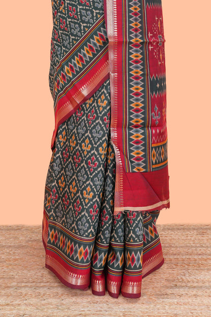 Green Semi Tussar Saree Ikkat Print Across The Body And Contrast Pallu