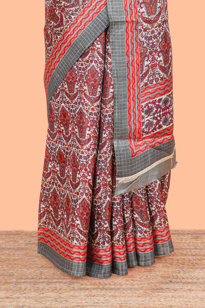 Cream pashmina print south cotton saree with contrast border and blouse