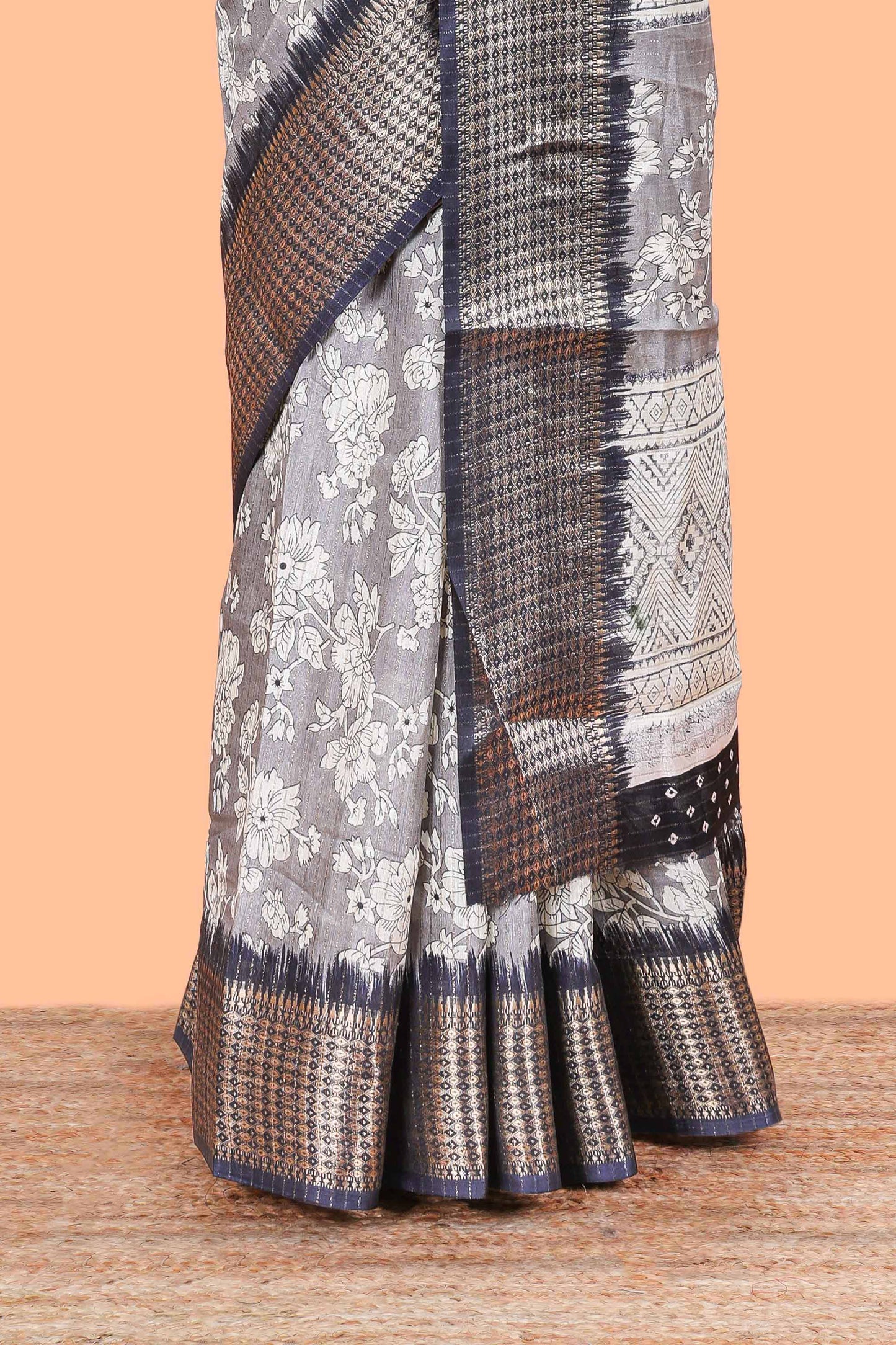 Grey Dola Silk Saree  Floral Printed With Jacquard Border
