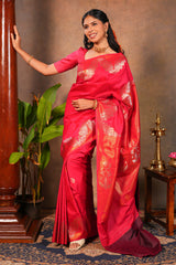 Rani pink Semi Silk Saree Gold Zari Woven Paisley Motifs with Woven Zari Border and Contrast Blouse