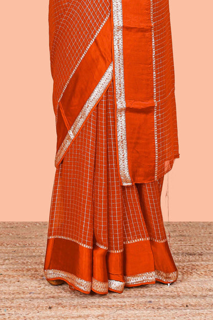 Orange Georgette Saree All Over Zari Check With Satin Border