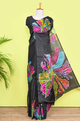 Black south cotton Saree With Multi Color Orchid Printed Across The Body Along With White Dotted Blouse