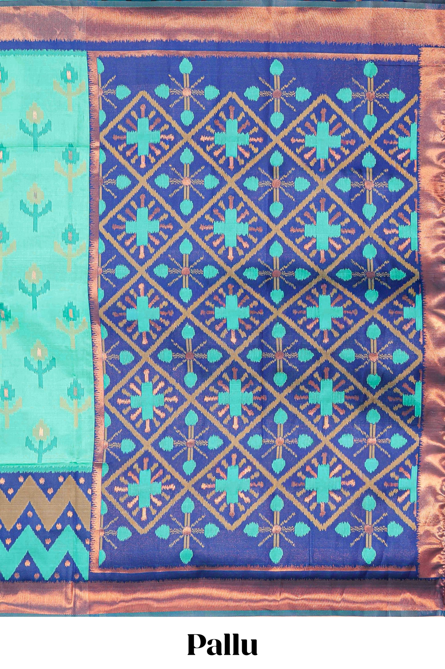 Rama Green Semi Soft Silk Saree Body All Over Ikkat Pochampally Thread Weaving and Chevron Pattern Border With Ikkat Rich Pallu