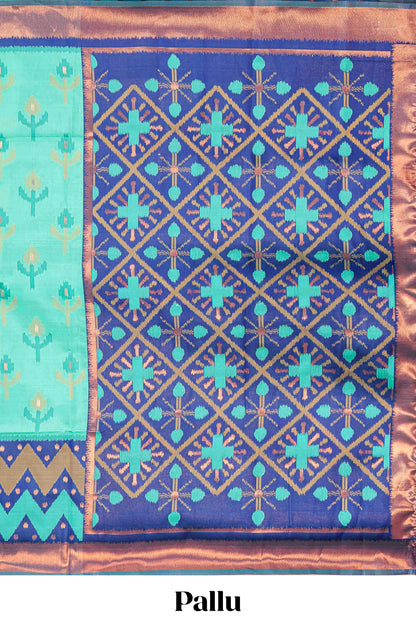 Rama Green Semi Soft Silk Saree Body All Over Ikkat Pochampally Thread Weaving and Chevron Pattern Border With Ikkat Rich Pallu