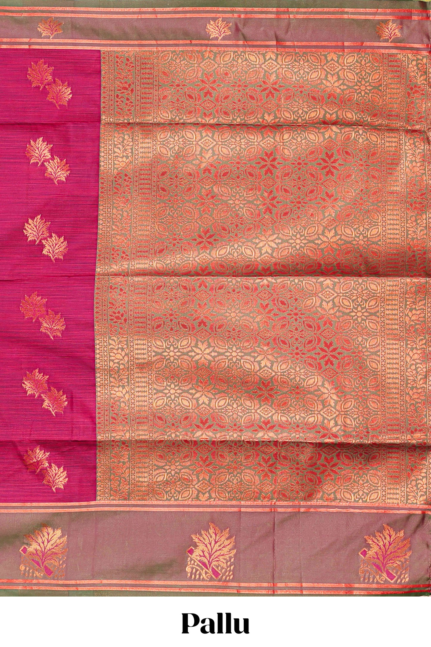 Pink Semi Soft Silk Saree Body All Over Leaf Motifs Zari Butti And Bentex Border With Grand Zari