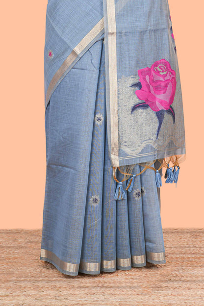 Blue floral design motifs munga cotton saree with self zari border and floral printed pallu