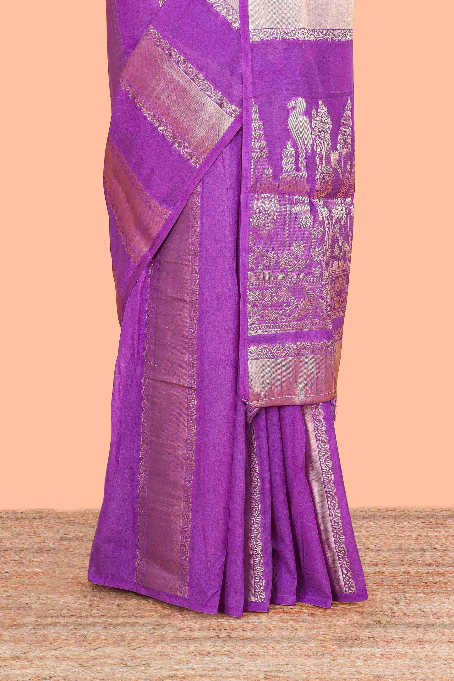 Lavender Georgette Saree Copper Zari Stripes Across The Body With Floral Design Pallu