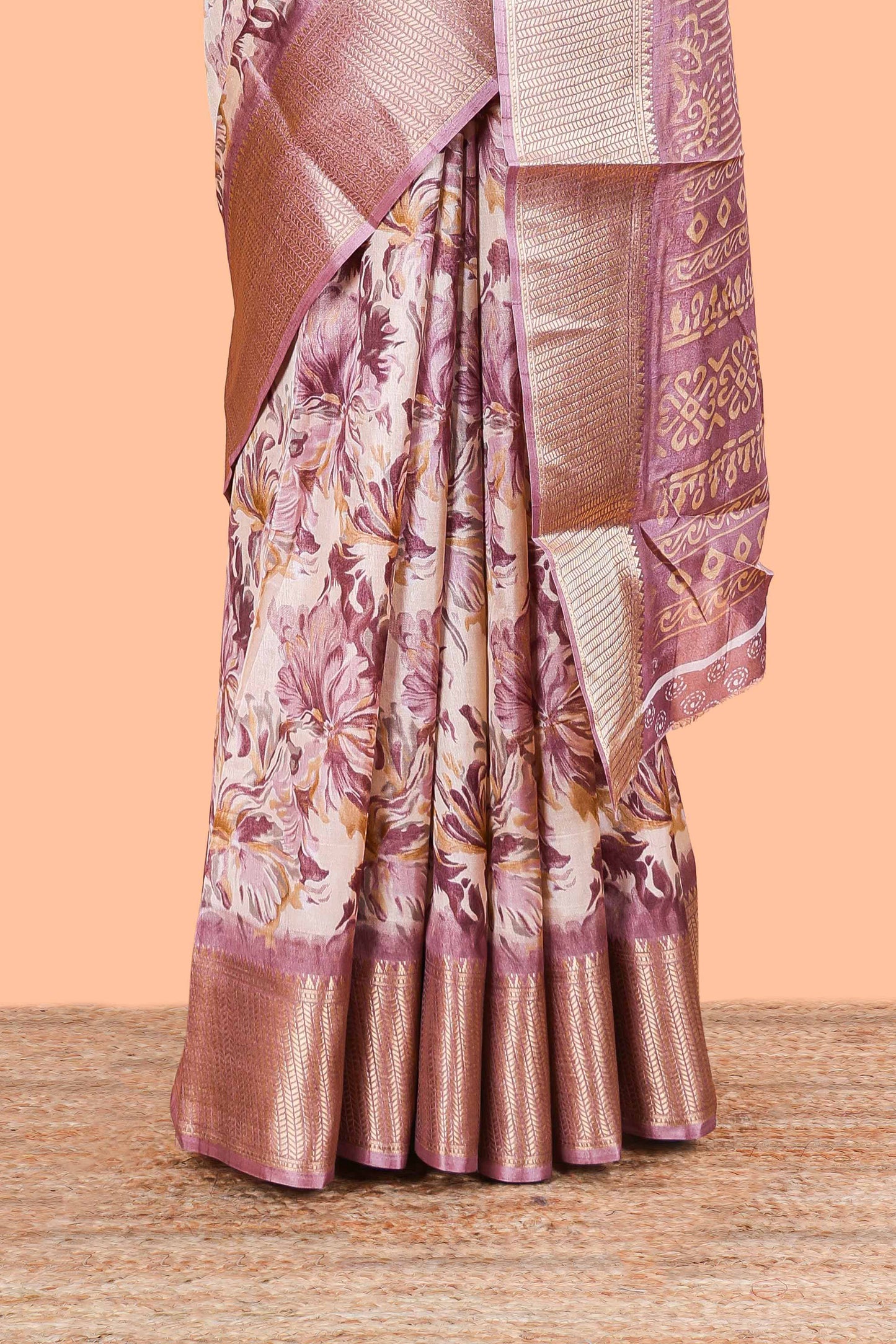 Pink Semi Banaras Dola Silk Floral Printed With Jacquard Border