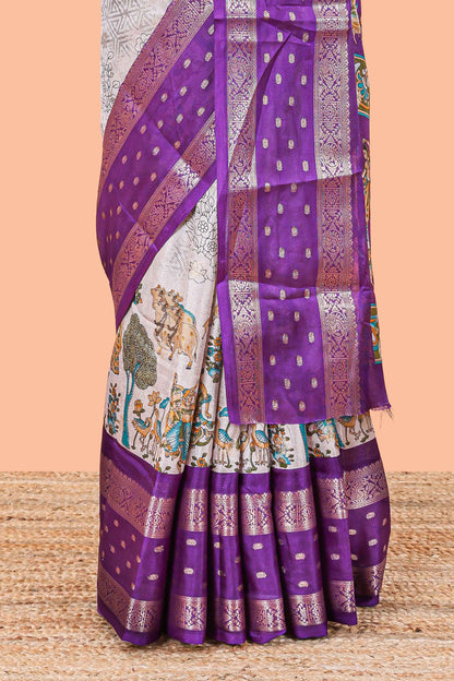 Lavender Mars Georgette Body Floral Print With Contrast Bentex Border Above Kalamkari Print With Kalamkari Pallu