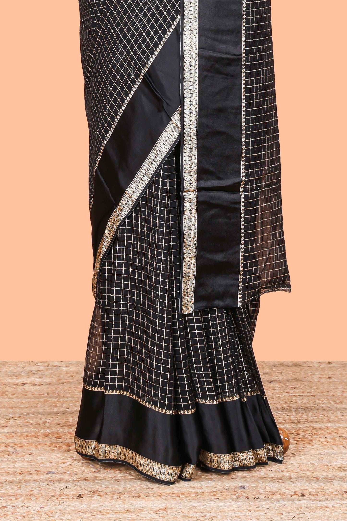 Black Georgette Saree All Over Zari Check With Satin Border