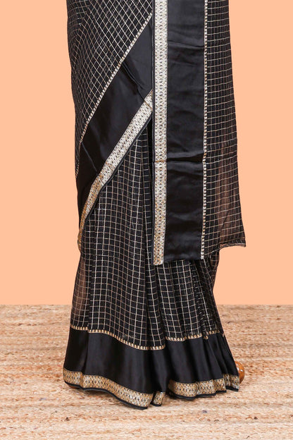 Black Georgette Saree All Over Zari Check With Satin Border