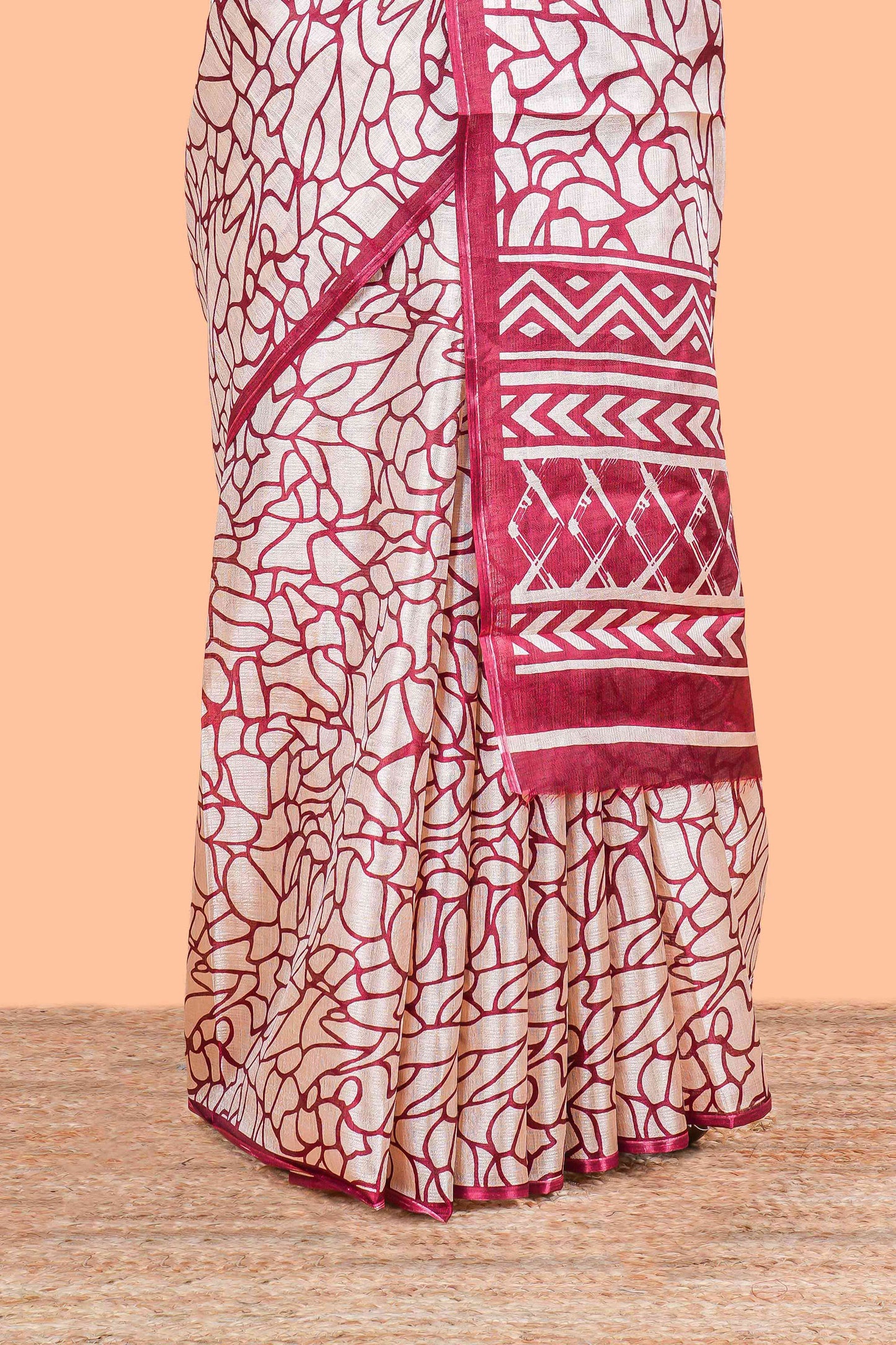 Cream With Maroon Khadi Cotton Abstract Print Design In Body and Pallu