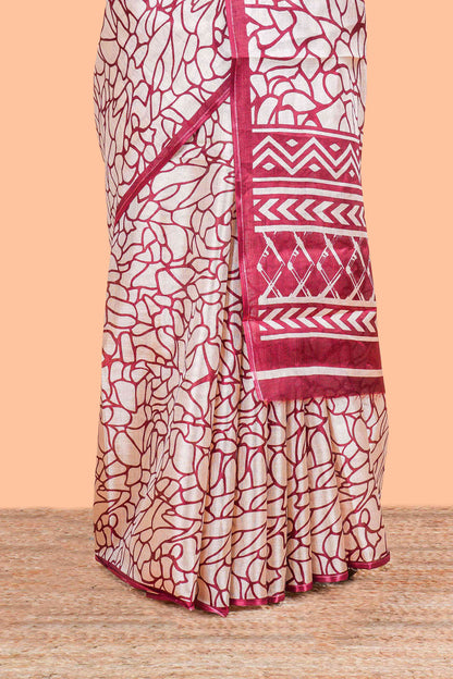 Cream With Maroon Khadi Cotton Abstract Print Design In Body and Pallu