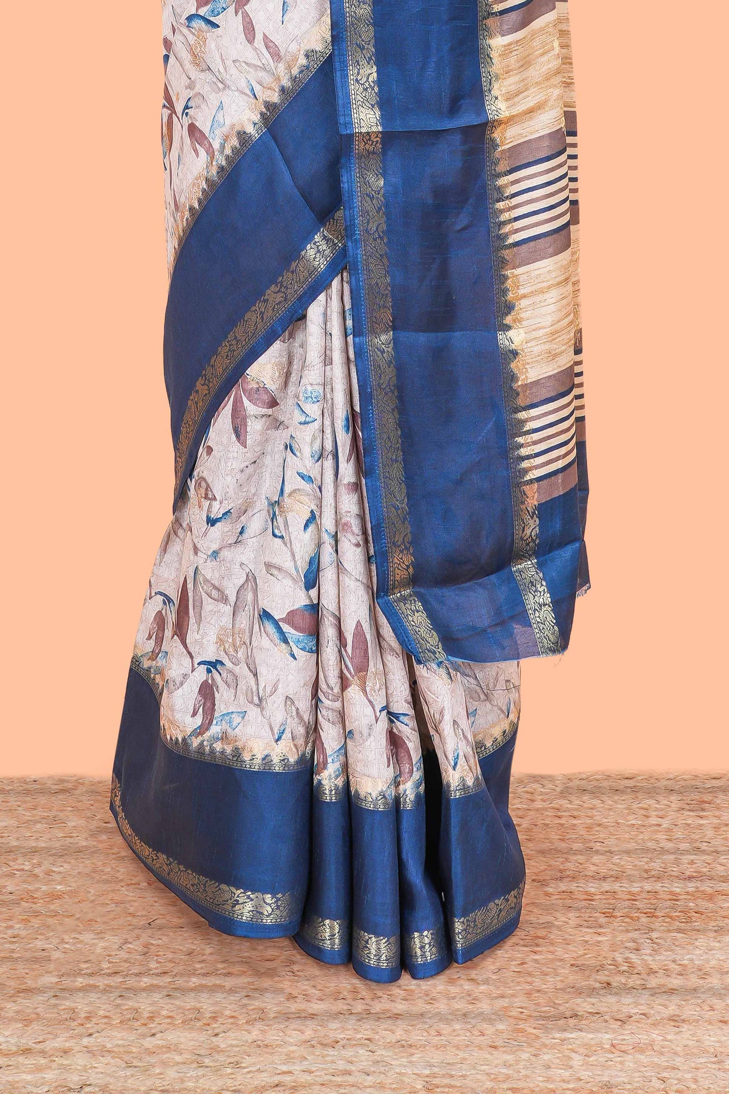Sandal Semi Dola Silk Saree All- Over Leaf Printed, Zari Butta And Stripes Pallu Along With Contrast Blouse