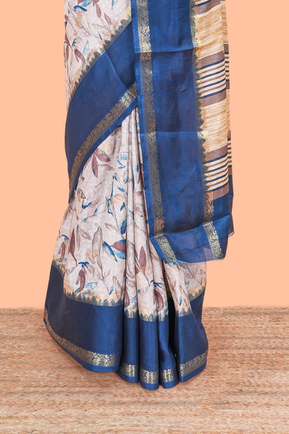 Sandal Semi Dola Silk Saree All- Over Leaf Printed, Zari Butta And Stripes Pallu Along With Contrast Blouse