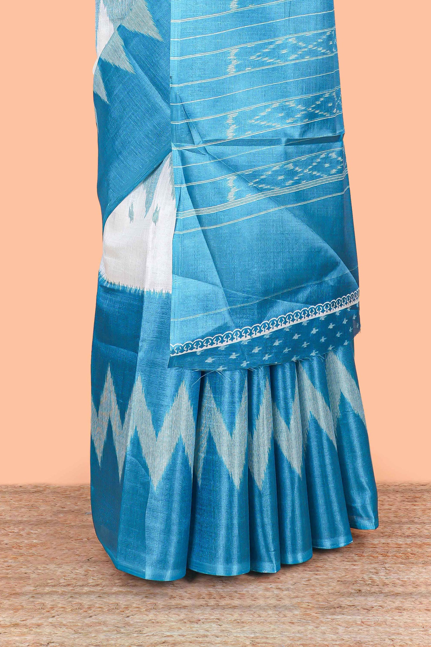 Blue & white geometric ikkat style south cotton saree with striped pallu and blouse