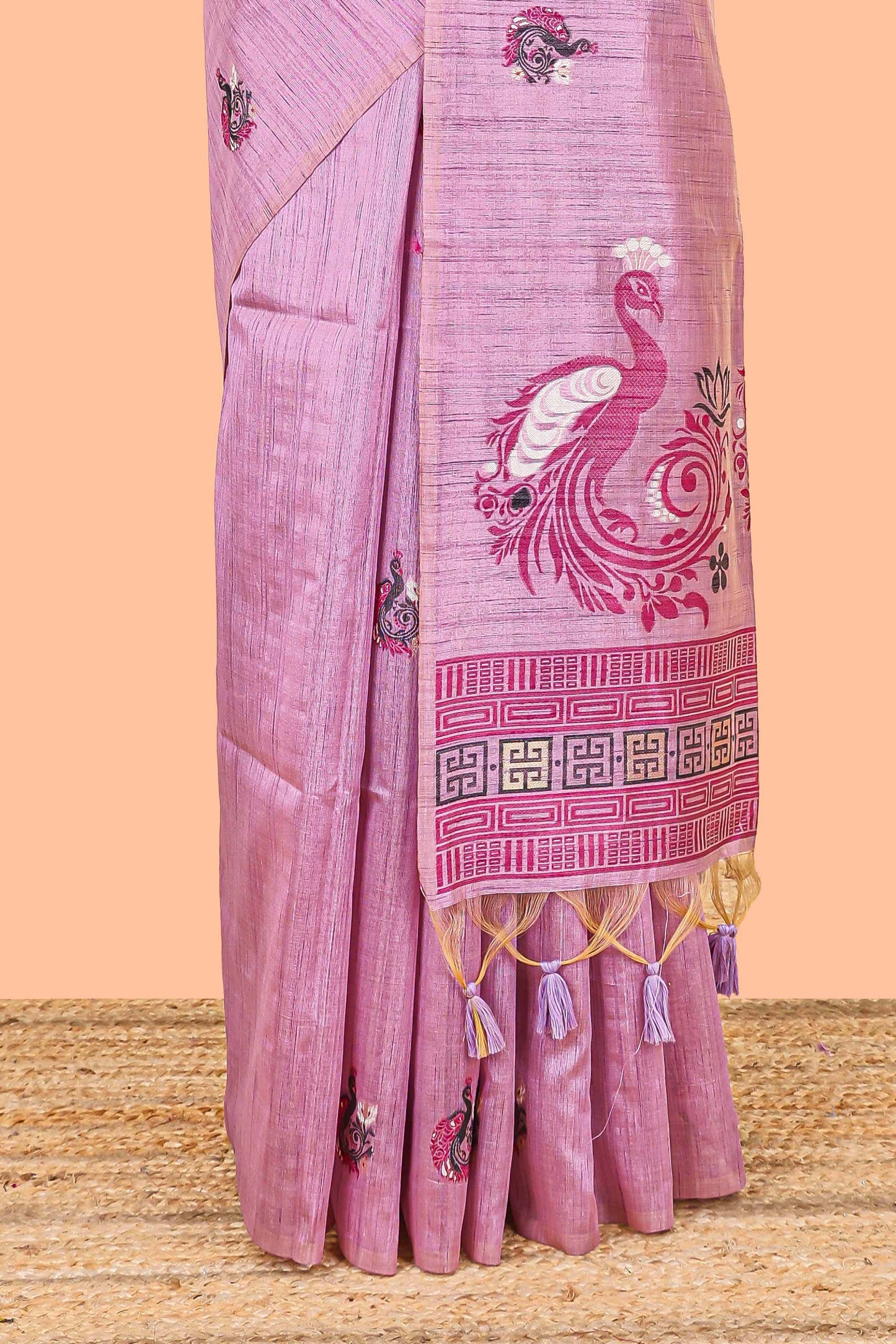 Lavender munga cotton peacock butta saree with fine thread weaving, borderless style and matching blouse