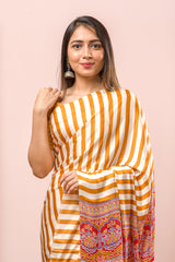 Modal Silk Sareehe Body Has Contrast Vibrant Yellow Vertical Stripes The Pallu Are Highlighted Ajrakh Design Along With Blouse