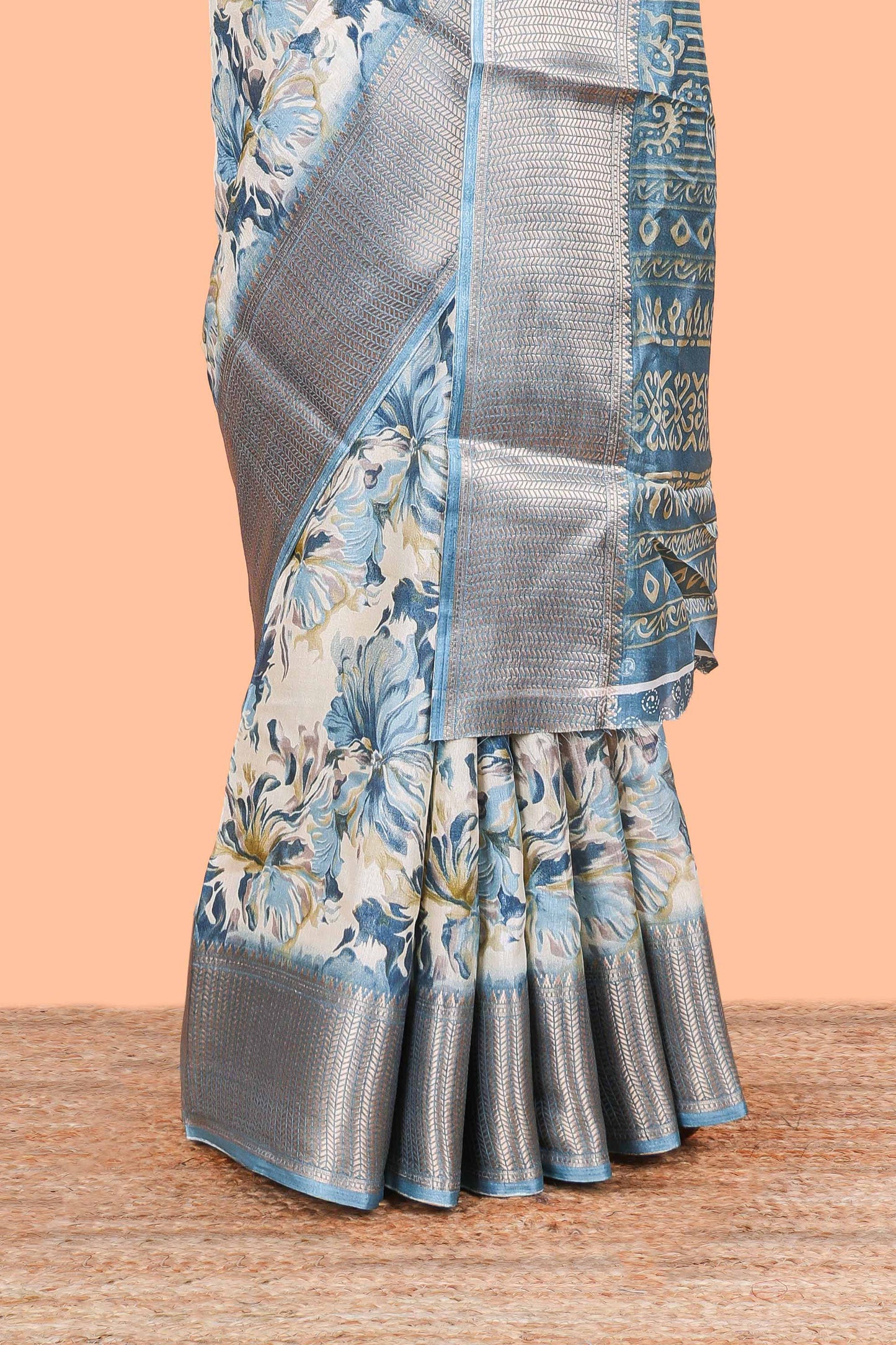 Sky Blue Semi Banaras Dola Silk Floral Printed With Jacquard Border