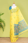 Yellow Linen Saree Flower Motifs Across The Body With Contrast Floral Design Pallu Along With Blouse