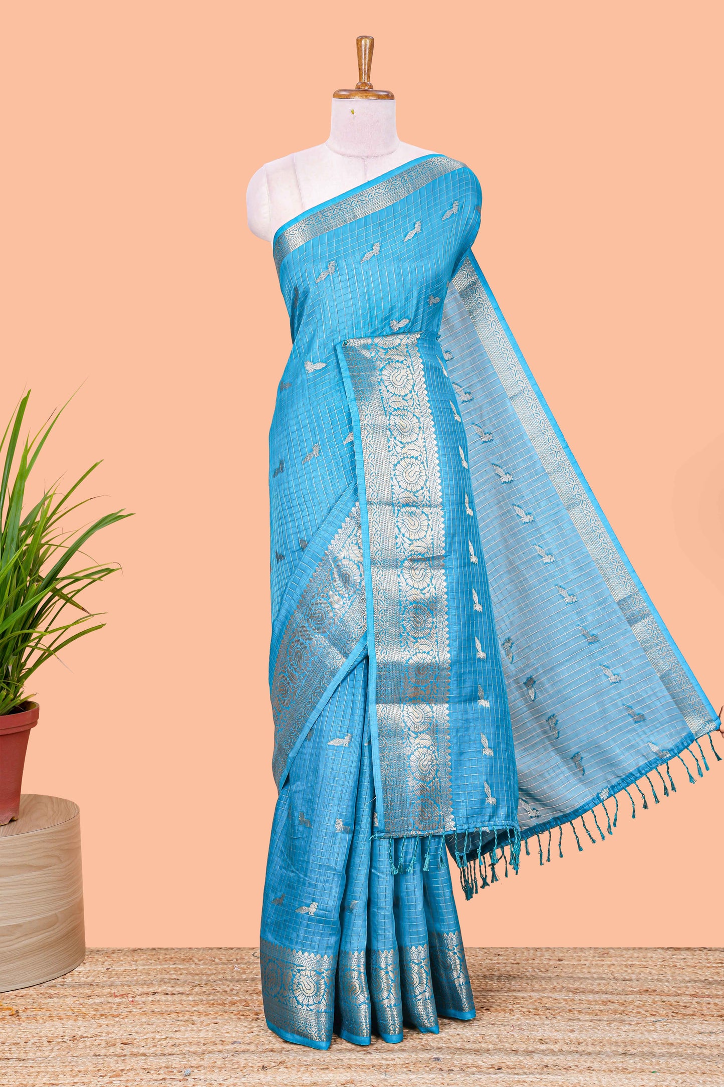 Ramar blue checked peacock zari butta art raw silk saree with zari border and matching blouse