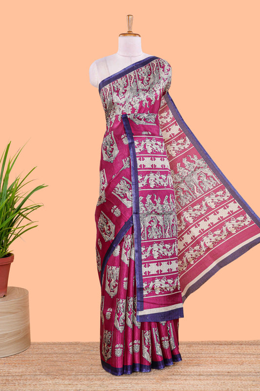 Pink south cotton saree with kalamkari print on body and pallu