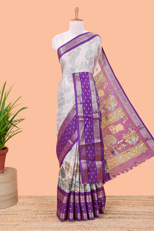 White Kalamkari style floral and crane birds print marsh georgette saree with lavender zari border and printed pallu