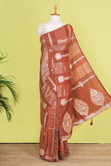 Copper Brown Viscose Georgette Saree Zari Woven Stripes, Floral Design Across The Body With Paisley Motifs Pallu