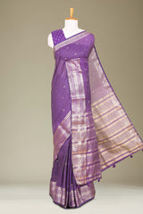 Violet Georgette Saree Golden Zari Check Pattern And Small Butta Across The Body With Zari Weaving Stripes Pallu
