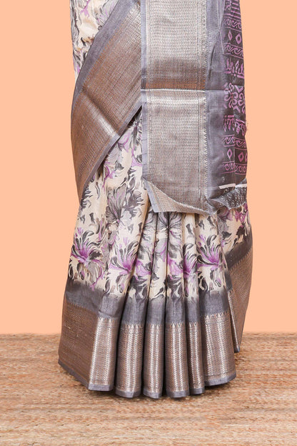 Grey Semi Banaras Dola Silk Floral Printed With Jacquard Border