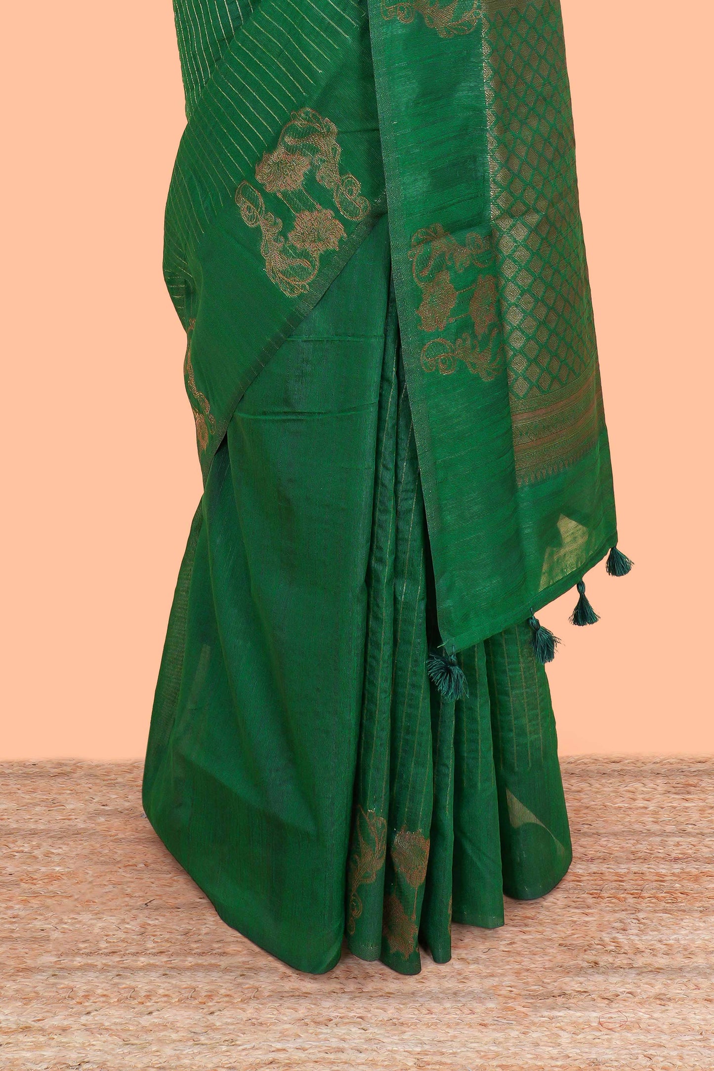 Green Raw Silk Saree Golden Zari Stripes Across The Body And Diamond Motifs Pallu