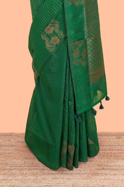 Green Raw Silk Saree Golden Zari Stripes Across The Body And Diamond Motifs Pallu