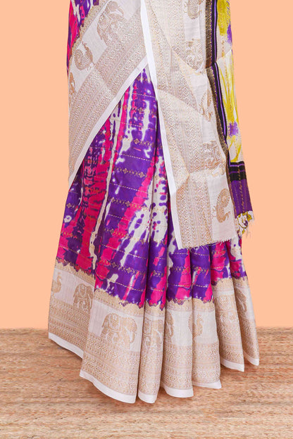 dolo silk saree with tie and dye abstract print all over body with kanchipuram border and rajastani village art pallu and floral print blouse