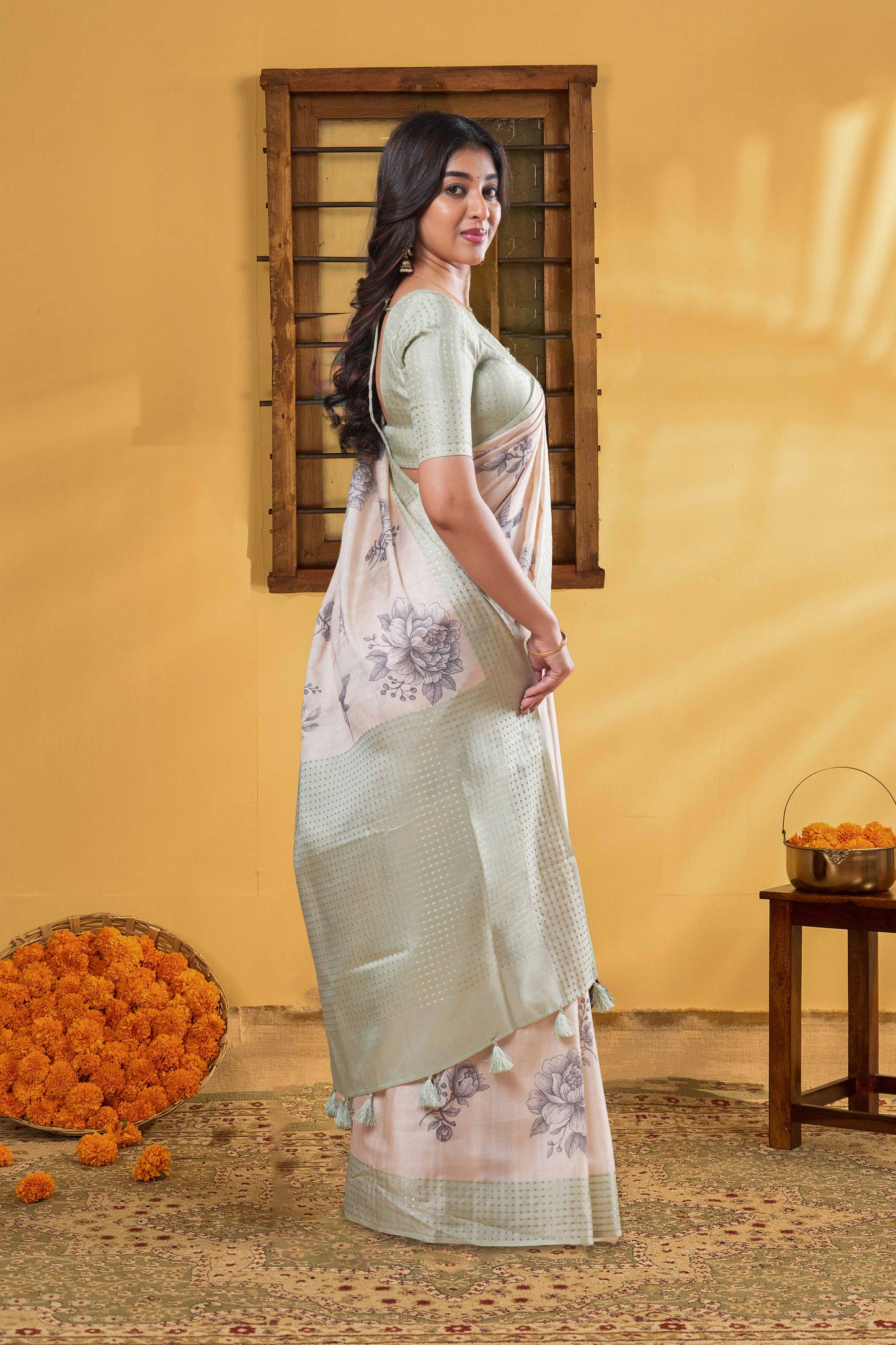 Sandal Art Tussar Saree Flower Motifs Across The Body With Contrast Zari Weaving Pallu