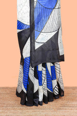 White geometric art lichi silk saree, contrast border and blouse and printed pallu