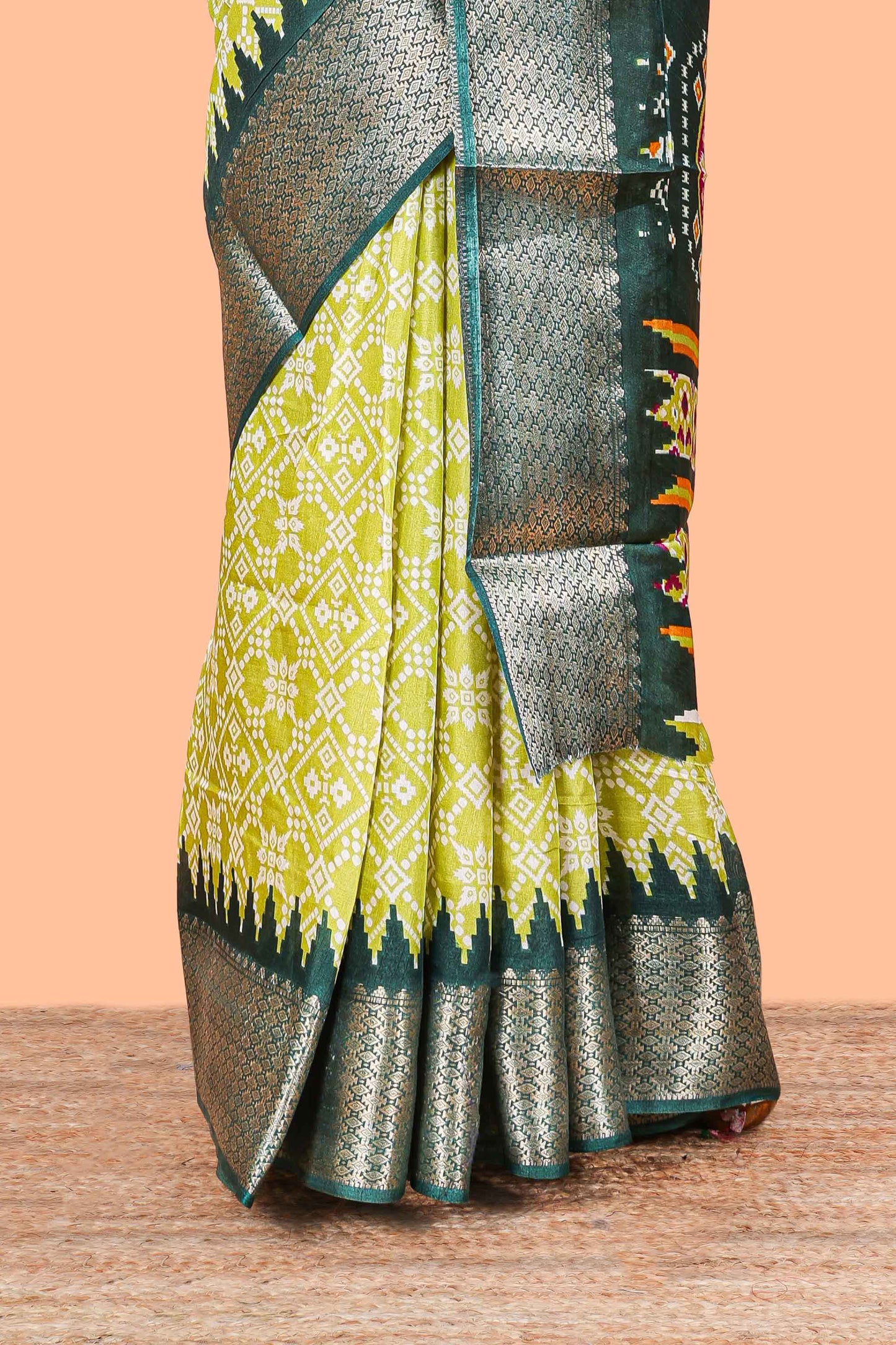Parrot Green Semi Dola Silk Body Bandhini Style With Jacquard Border