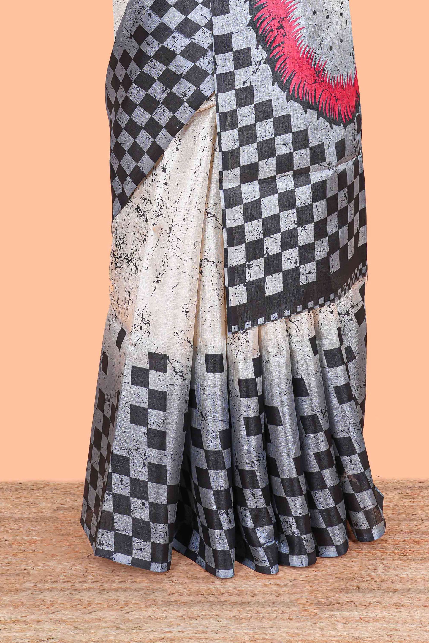 Grey With Cream Khadi Cotton Body Border And Pallu Geometrical Print Design
