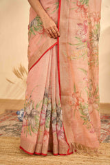 Peach Linen Sarees With Aari Work And Digital Printed