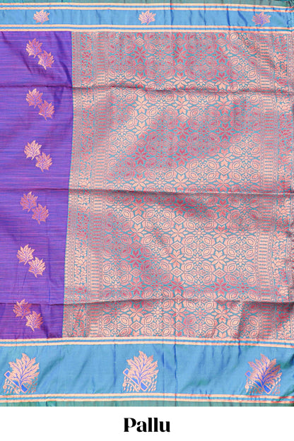 Violet Semi Soft Silk Saree Body All Over Leaf Motifs Zari Butti And Bentex Border With Grand Zari