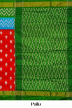 Multicolor Ikkat Pure Silk Saree with Red Body, Blue Accents and Green Contrast Border