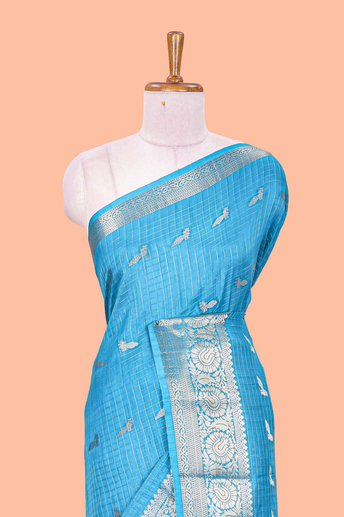 Ramar blue checked peacock zari butta art raw silk saree with zari border and matching blouse