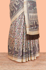 Sandal floral madhupani print south cotton saree with self border and contrast blouse