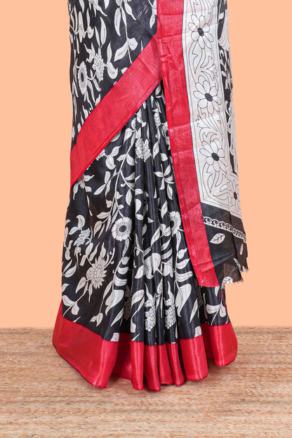 Black floral design kalamkari print south cotton saree with contrast border and matching blouse