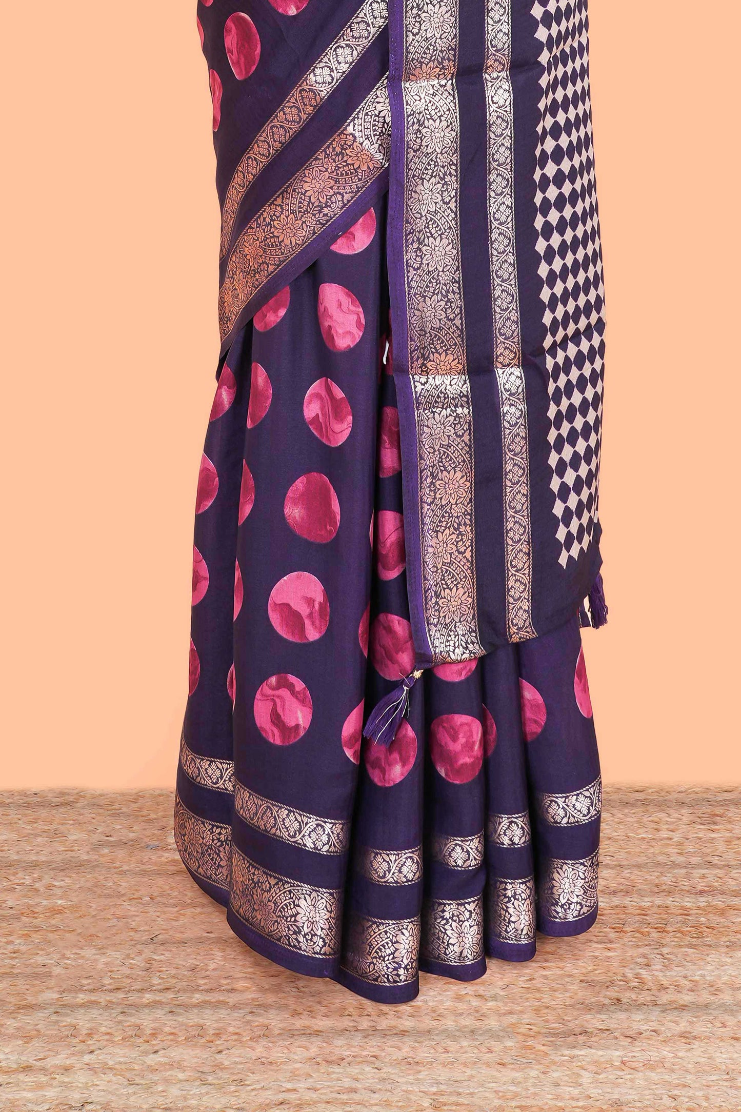Semi Chiffon Saree All Over Moon Design And Retta Petta Border