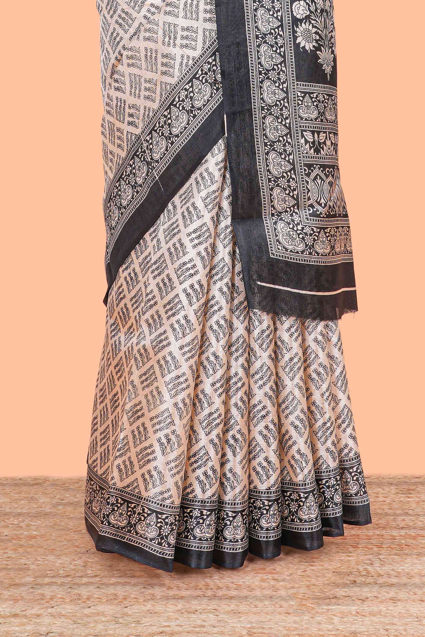 Sandal floral print all over body south cotton saree with contrast border and blouse
