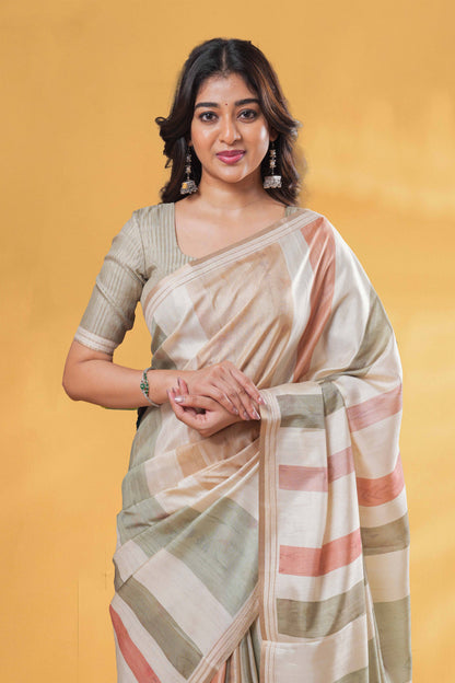 Sandal Art Tussar Saree Horizontal Stripes, Flower Motifs Across The Body And Golden Zari Pallu