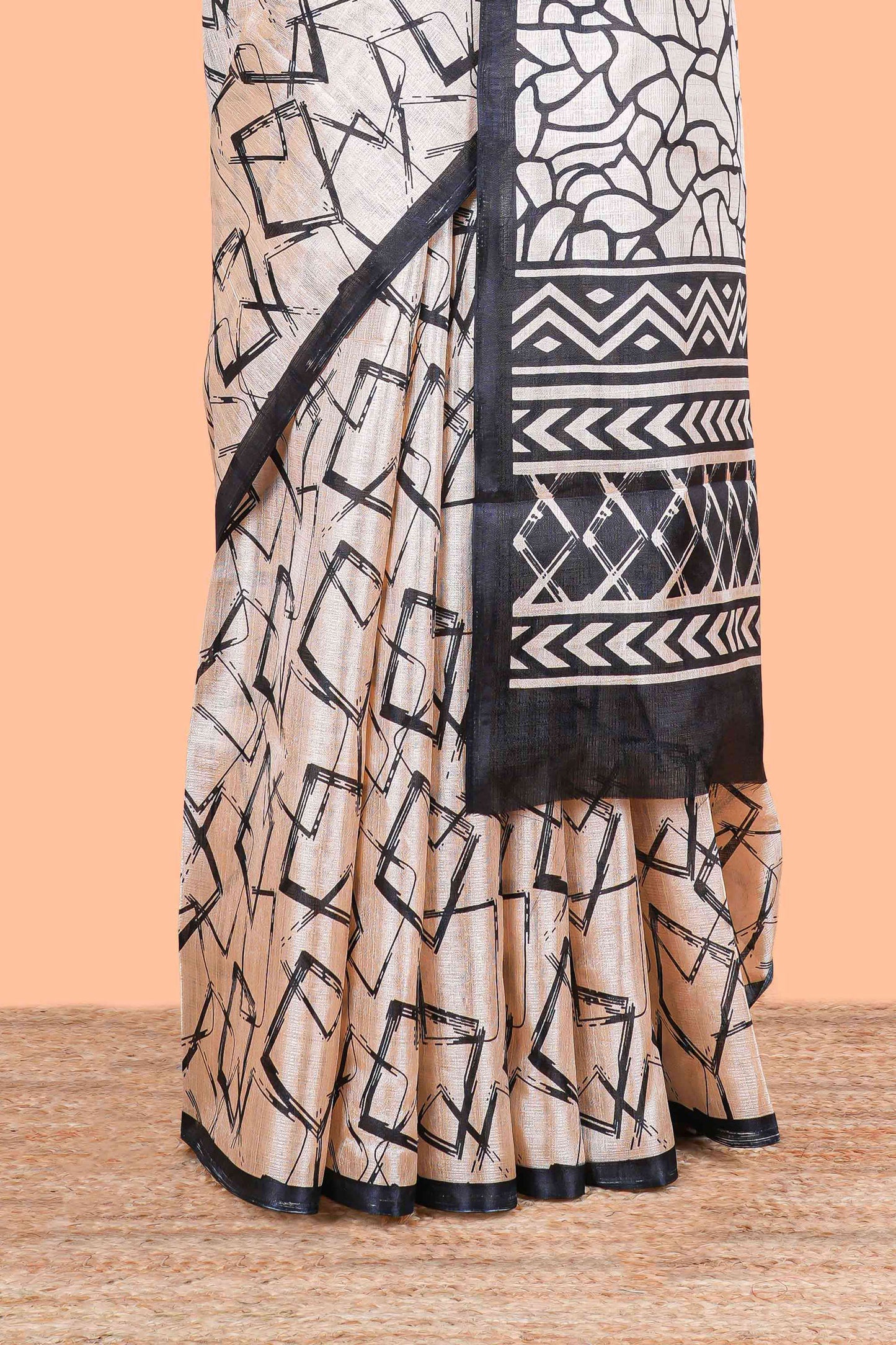 Cream Khadi Cotton Geometrical Print Design In Body And Pallu