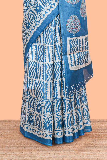 Blue Khadi Cotton Body And Pallu All Over Batick Print Design