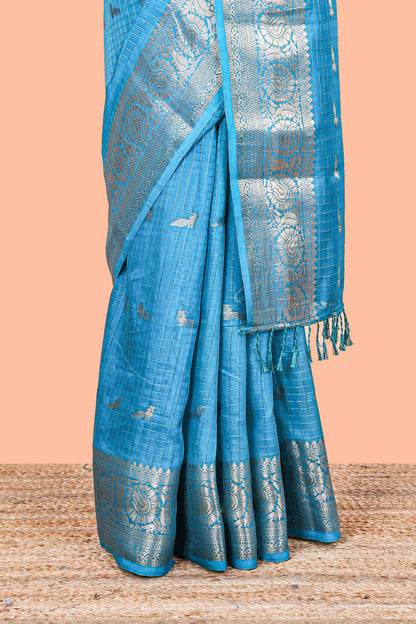 Ramar blue checked peacock zari butta art raw silk saree with zari border and matching blouse