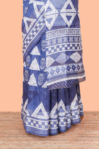 Blue floral and geometric print south cotton saree with self border and matching blouse